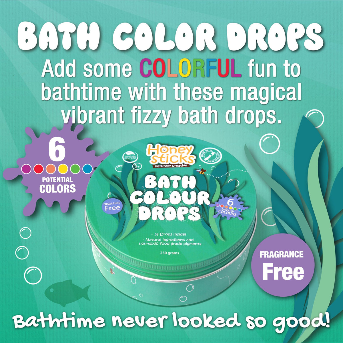  Honeysticks Bath Color Tablets for Kids - Non Toxic Bathtub  Drops Made with Natural Ingredients and Food Grade Color - Fragrance Free -  Fizzy, Brightly Colored Bathtime Fun, Great Gift 