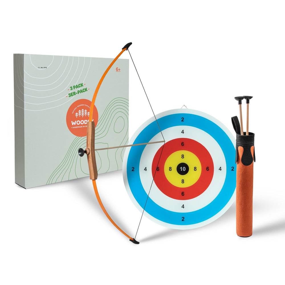 Woodsy Children's Wooden Longbow, quiver, 3 Arrows. and Target - blueottertoys - WD0710