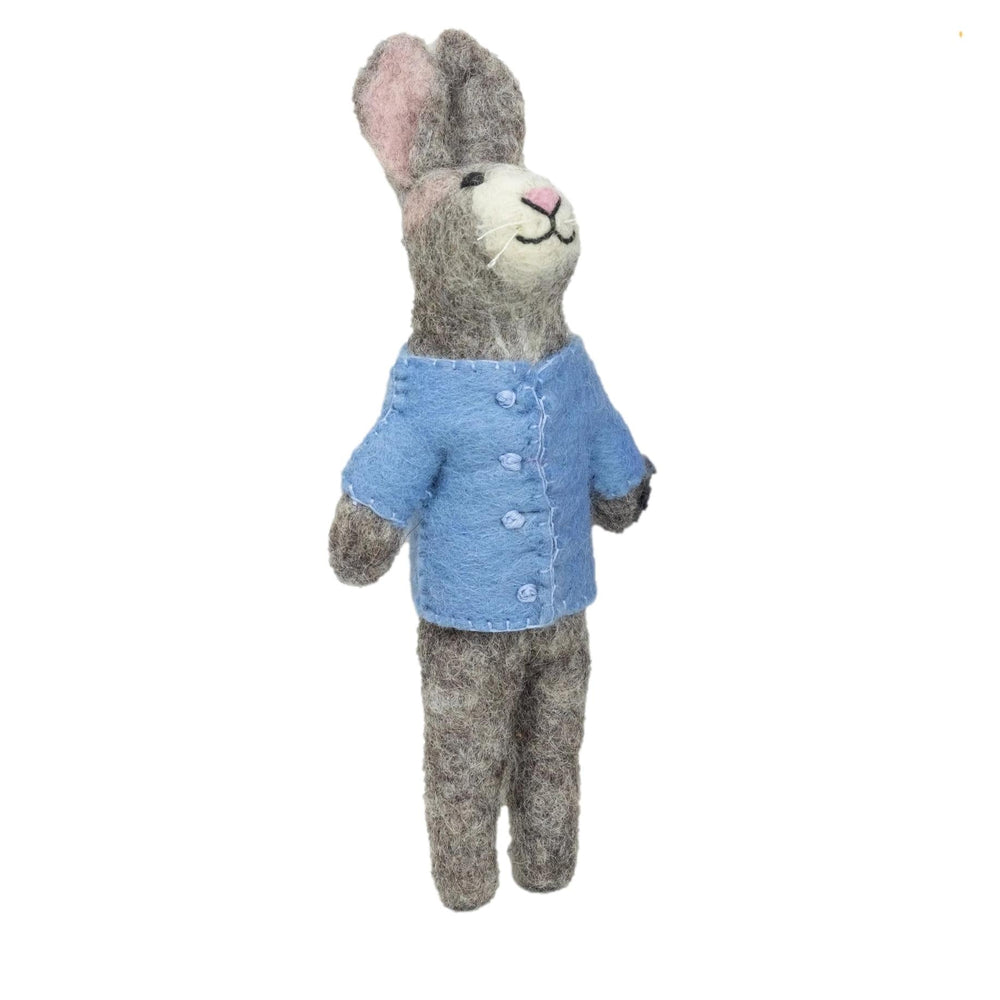 
                  
                    single fair trade felt bunny in teal outfit by the winding road
                  
                