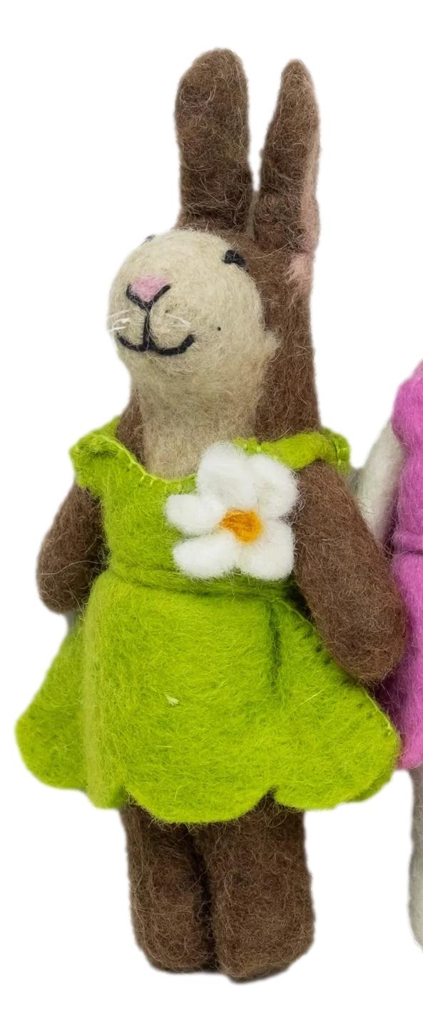 
                  
                    single fair trade felt bunny in green outfit by the winding road
                  
                