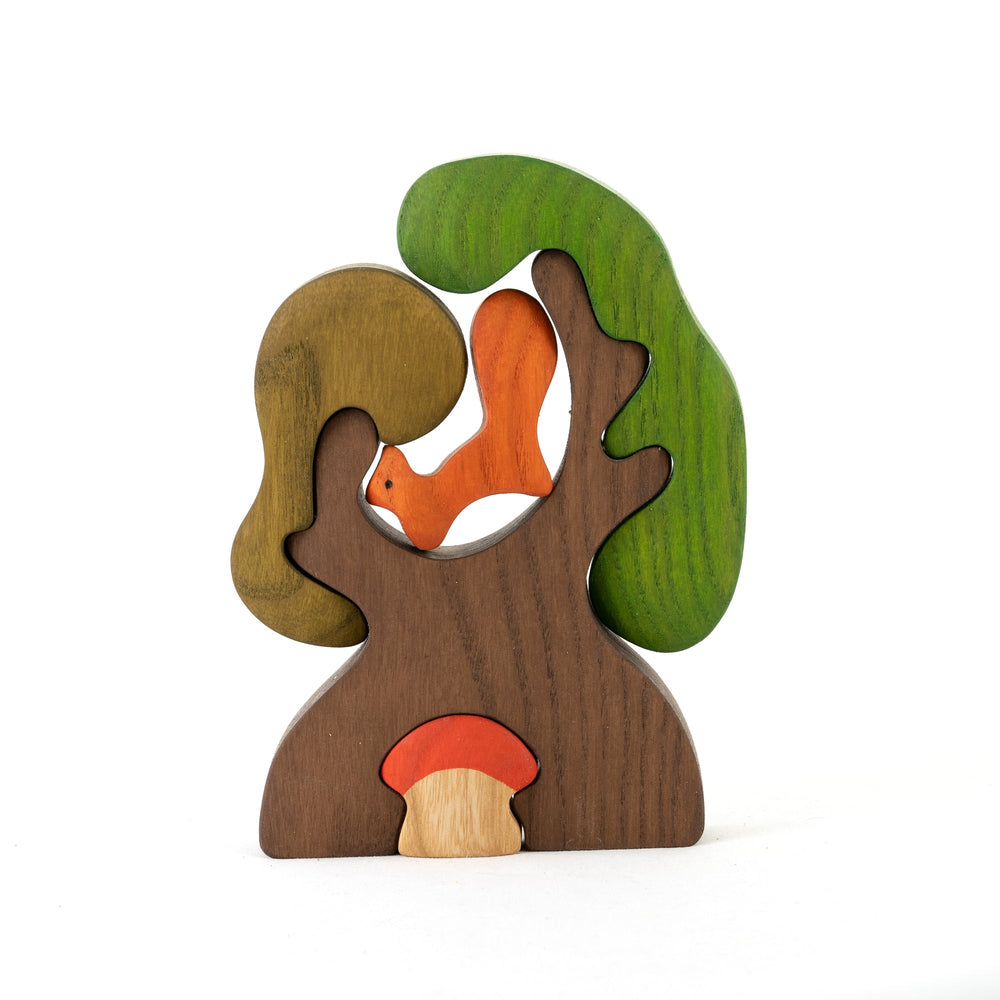 Handmade Wooden Puzzle - Tree with Squirrel and Mushroom - blueottertoys-PB-WTS